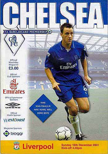 programme cover for Chelsea v Liverpool, Sunday, 16th Dec 2001