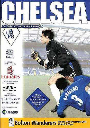 programme cover for Chelsea v Bolton Wanderers, Sunday, 23rd Dec 2001