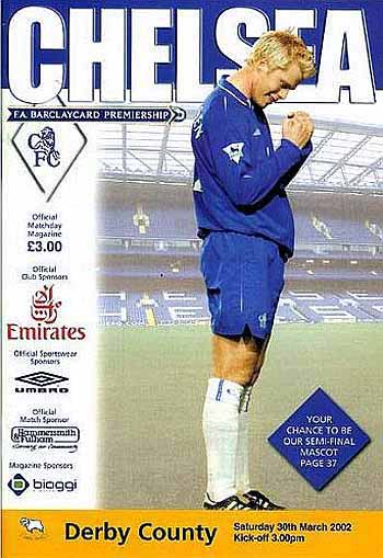 programme cover for Chelsea v Derby County, Saturday, 30th Mar 2002