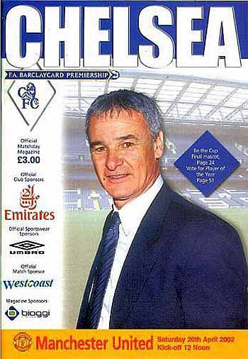 programme cover for Chelsea v Manchester United, Saturday, 20th Apr 2002