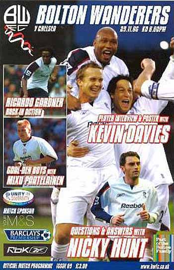 programme cover for Bolton Wanderers v Chelsea, Wednesday, 29th Nov 2006