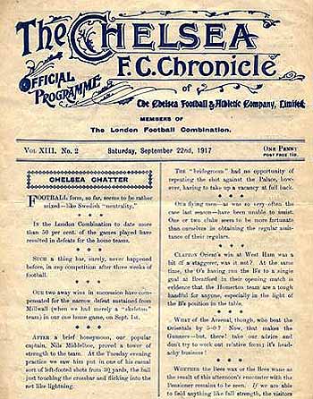 programme cover for Chelsea v Brentford, Saturday, 22nd Sep 1917