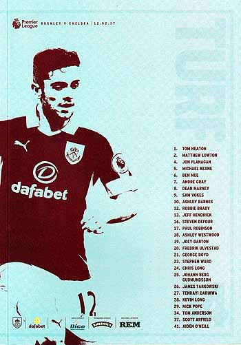 programme cover for Burnley v Chelsea, Sunday, 12th Feb 2017