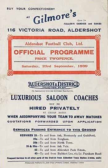 programme cover for Aldershot v Chelsea, Saturday, 23rd Sep 1939