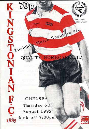 programme cover for Kingstonian v Chelsea, Thursday, 6th Aug 1992