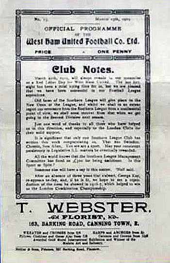 programme cover for West Ham United v Chelsea, 15th Mar 1919
