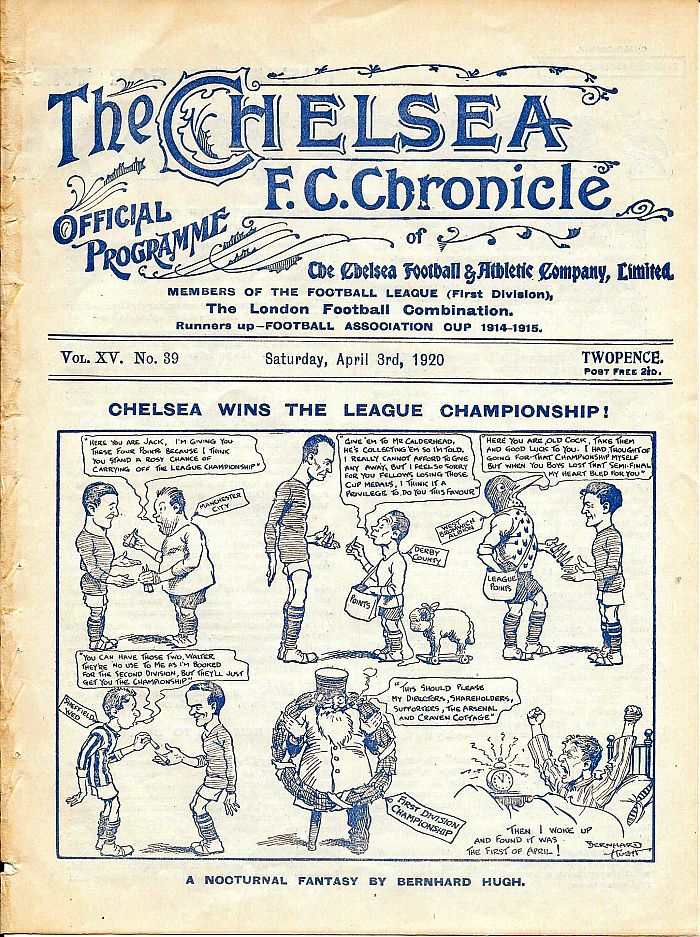 programme cover for Chelsea v Manchester City, Saturday, 3rd Apr 1920