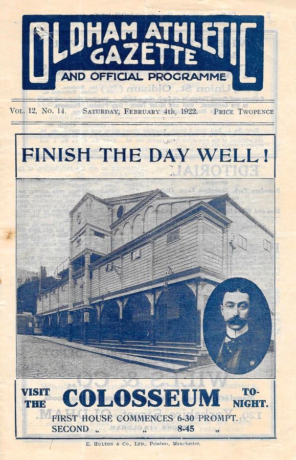programme cover for Oldham Athletic v Chelsea, Saturday, 4th Feb 1922
