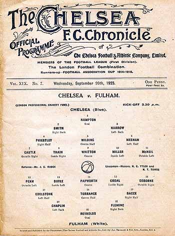 programme cover for Chelsea v Fulham, Wednesday, 26th Sep 1923