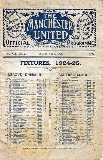 programme cover for Manchester United v Chelsea, Thursday, 1st Jan 1925