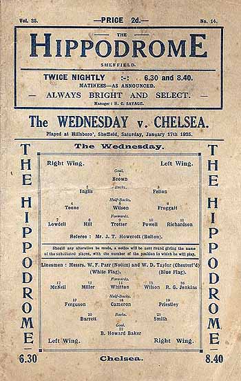 programme cover for The Wednesday v Chelsea, Saturday, 17th Jan 1925
