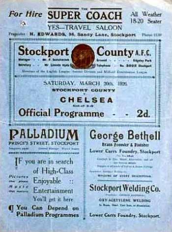 programme cover for Stockport County v Chelsea, Saturday, 20th Mar 1926